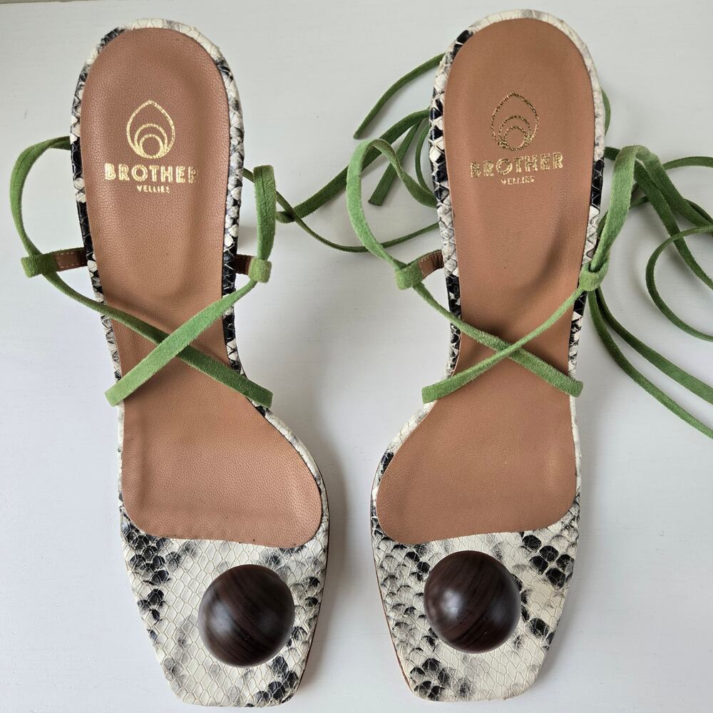 Brother Vellies NEW Snakeskin Wood Globe Lace-Up Ankle Strap Sandal Heels Size 9 - Picture 6 of 16